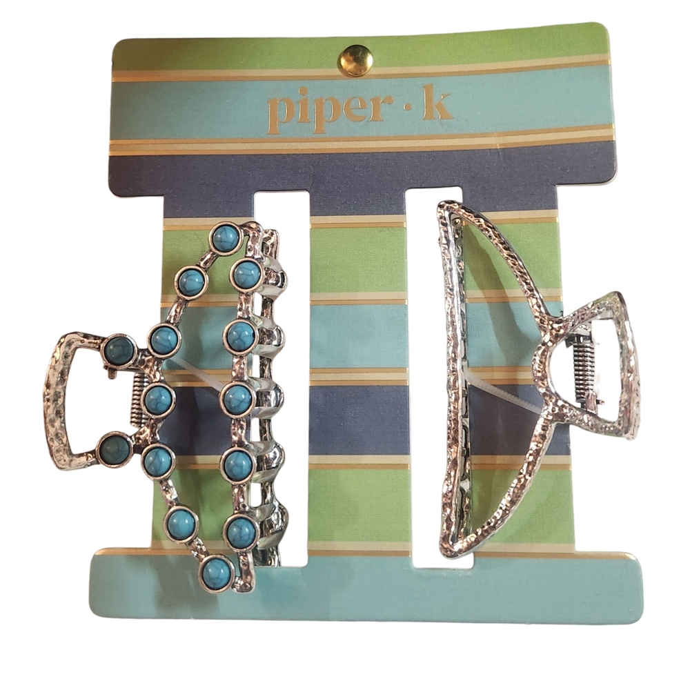 Piper K Silver and Turquoise Blue Stone Embellished Large Hair Clip Set - Picture 3 of 6